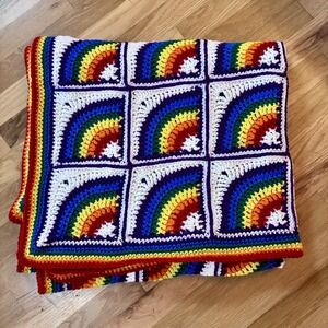 Rainbow Crochet Afghan Blanket Handmade Sofa Chair Throw Granny Square 69 x 40